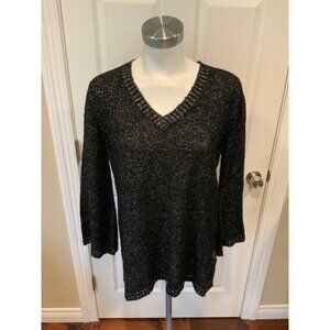 Curio Black & White Speckled Knit V-Neck Sweater, Size Small
